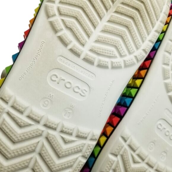 White Crocs Classic Clogs Rainbow Pyramid Studs Along Soles Unisex Size W11/M9 - Picture 14 of 15